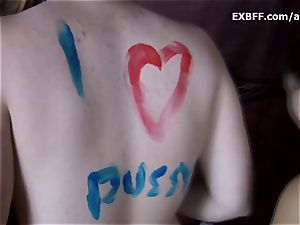 Collared fur covered inexperienced gets body painted by gf